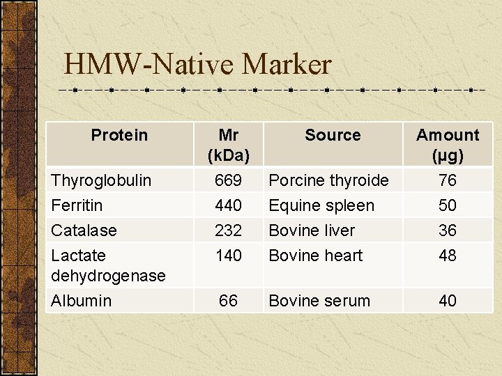 HMW-Native Marker Protein Mr (k. Da) Source Amount (µg) Thyroglobulin Ferritin 669 440 Porcine