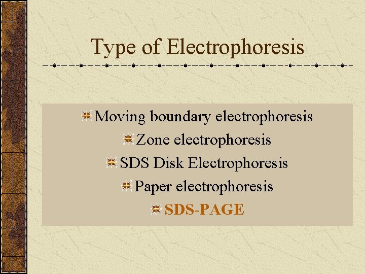 Type of Electrophoresis Moving boundary electrophoresis Zone electrophoresis SDS Disk Electrophoresis Paper electrophoresis SDS-PAGE