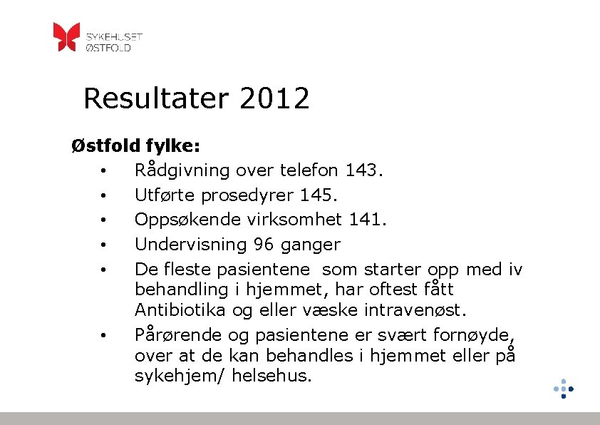 Resultater 2012 Østfold fylke: • Rådgivning over telefon 143. • Utførte prosedyrer 145. •