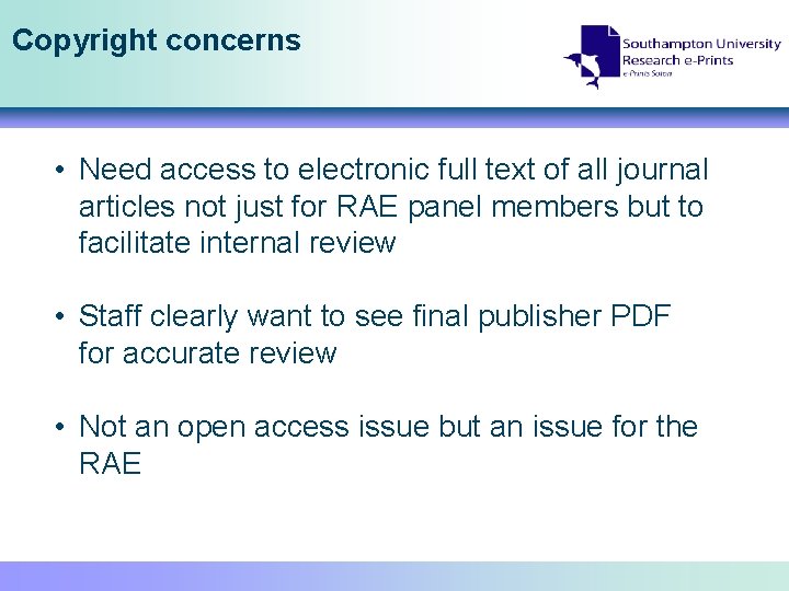 Copyright concerns • Need access to electronic full text of all journal articles not