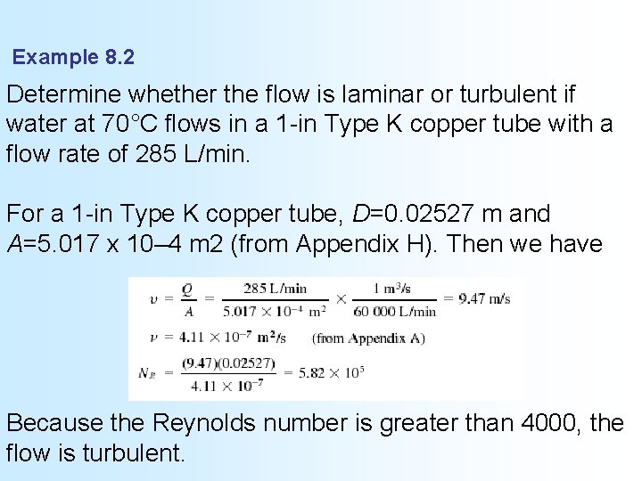 Example 8. 2 Determine whether the flow is laminar or turbulent if water at
