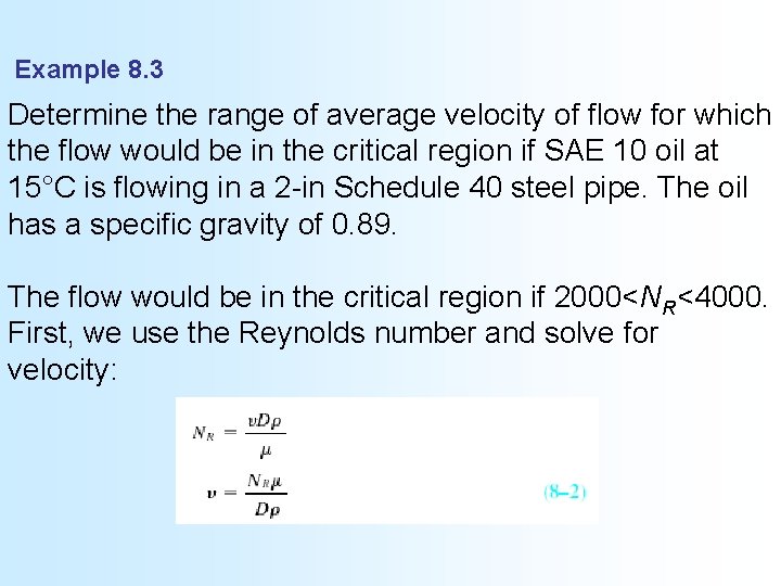 Example 8. 3 Determine the range of average velocity of flow for which the