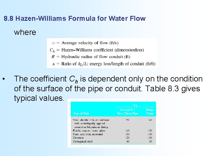 8. 8 Hazen-Williams Formula for Water Flow where • The coefficient Ch is dependent