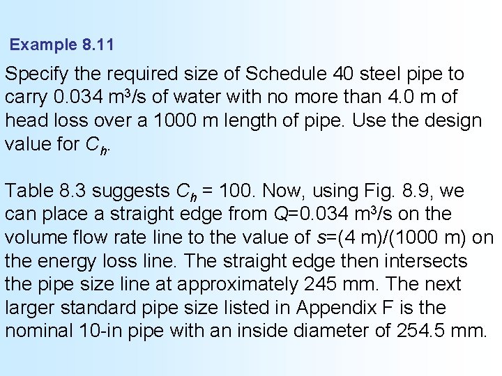 Example 8. 11 Specify the required size of Schedule 40 steel pipe to carry