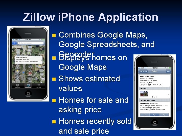 Zillow i. Phone Application Combines Google Maps, Google Spreadsheets, and Geocoder n Displays homes