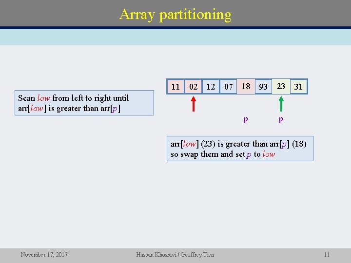 Array partitioning 11 02 12 07 18 23 93 23 18 31 Scan low