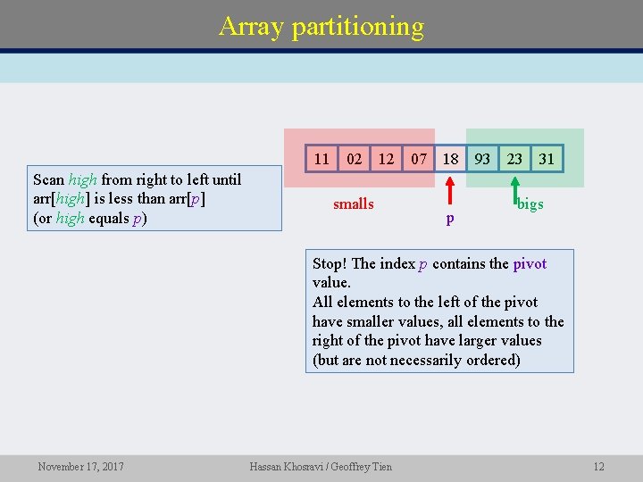 Array partitioning 11 Scan high from right to left until arr[high] is less than
