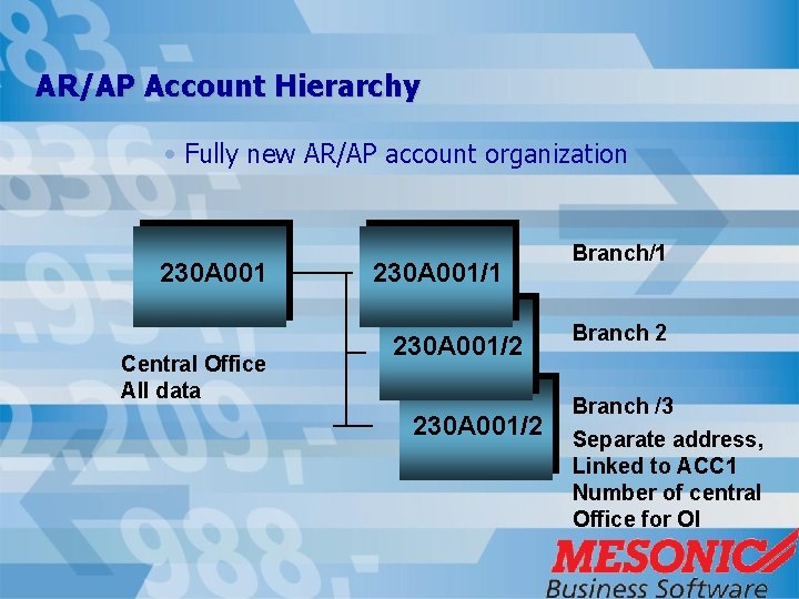 AR/AP Account Hierarchy • Fully new AR/AP account organization 230 A 001 Central Office