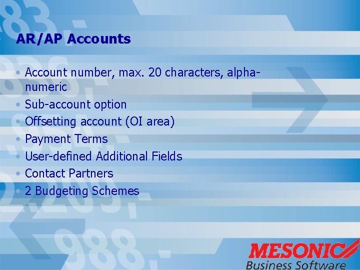 AR/AP Accounts • Account number, max. 20 characters, alphanumeric • Sub-account option • Offsetting