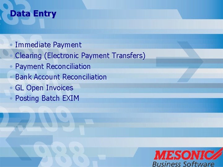 Data Entry • Immediate Payment • Clearing (Electronic Payment Transfers) • Payment Reconciliation •