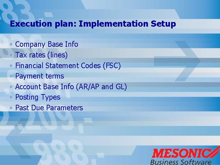 Execution plan: Implementation Setup • Company Base Info • Tax rates (lines) • Financial