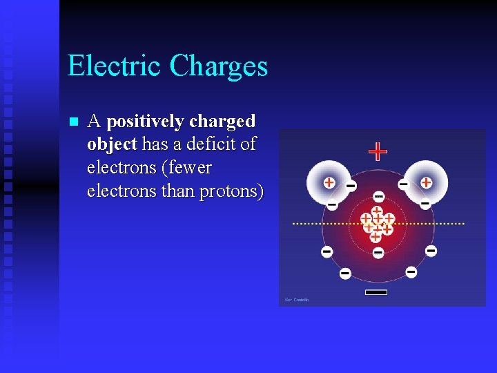 Electric Charges n A positively charged object has a deficit of electrons (fewer electrons