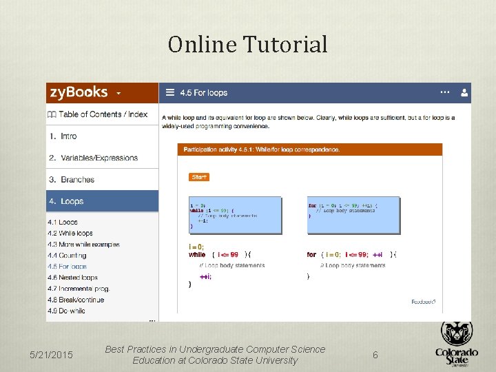 Online Tutorial 5/21/2015 Best Practices in Undergraduate Computer Science Education at Colorado State University