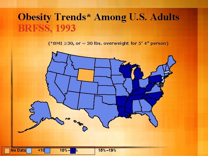 Obesity Trends* Among U. S. Adults BRFSS, 1993 (*BMI ≥ 30, or ~ 30