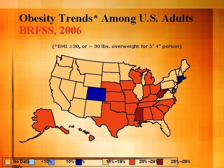 Obesity Trends* Among U. S. Adults BRFSS, 2006 (*BMI ≥ 30, or ~ 30