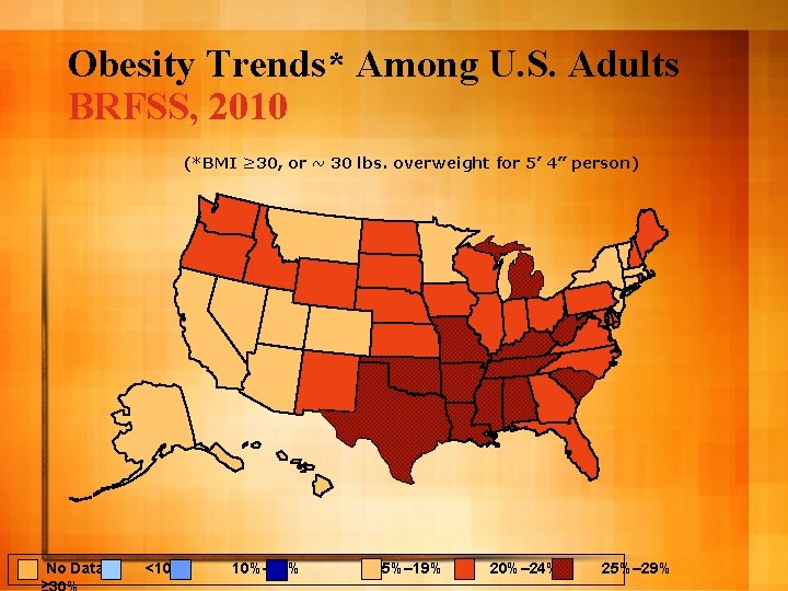 Obesity Trends* Among U. S. Adults BRFSS, 2010 (*BMI ≥ 30, or ~ 30