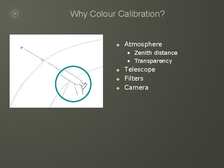 Why Colour Calibration? u Atmosphere • Zenith distance • Transparency u u u Telescope