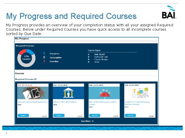 My Progress and Required Courses My Progress provides an overview of your completion status