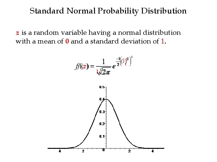 Standard Normal Probability Distribution z is a random variable having a normal distribution with