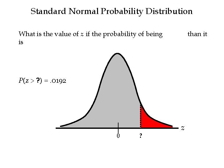 Standard Normal Probability Distribution What is the value of z if the probability of