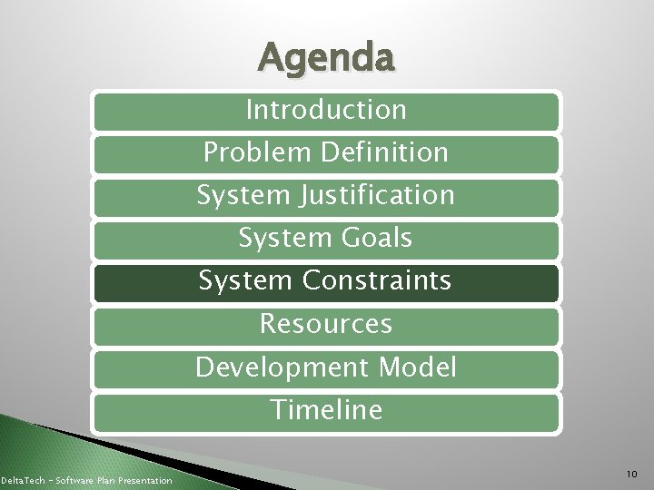 Agenda Introduction Problem Definition System Justification System Goals System Constraints Resources Development Model Timeline