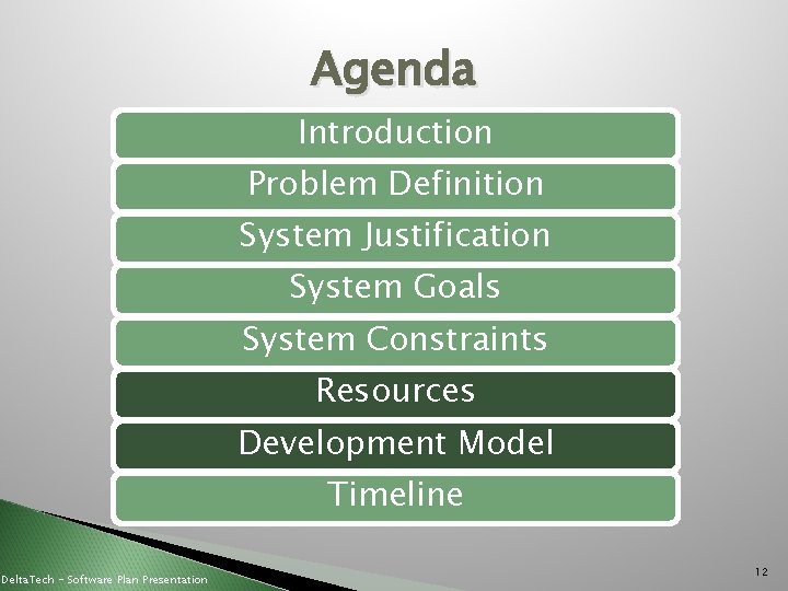 Agenda Introduction Problem Definition System Justification System Goals System Constraints Resources Development Model Timeline