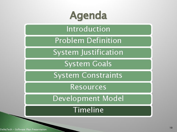 Agenda Introduction Problem Definition System Justification System Goals System Constraints Resources Development Model Timeline