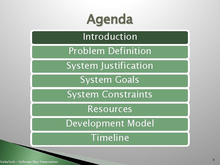 Agenda Introduction Problem Definition System Justification System Goals System Constraints Resources Development Model Timeline