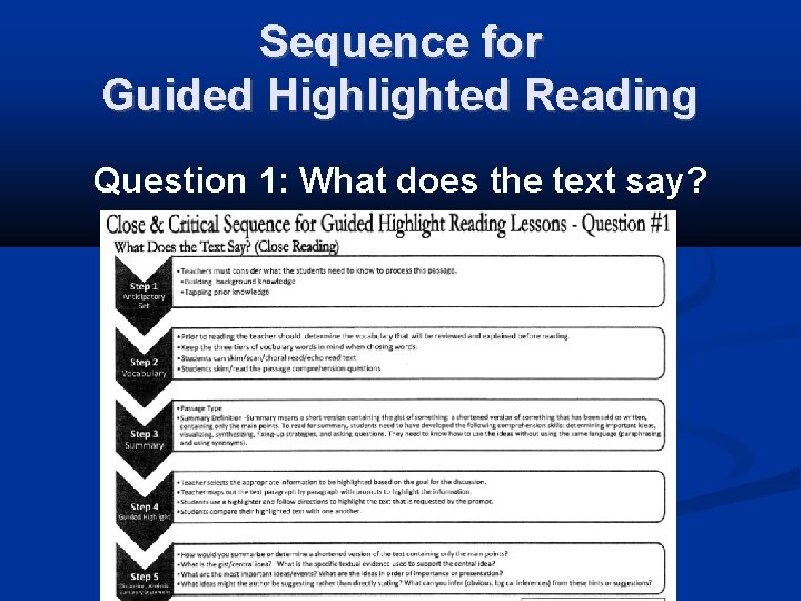 Sequence for Guided Highlighted Reading Question 1: What does the text say? 