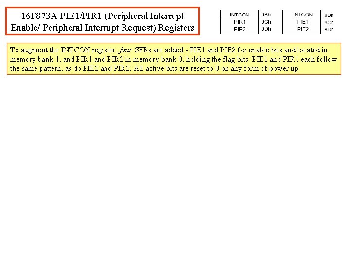16 F 873 A PIE 1/PIR 1 (Peripheral Interrupt Enable/ Peripheral Interrupt Request) Registers 16 F 873 A PIE 1/PIR 1 (Peripheral Interrupt Enable/ Peripheral Interrupt Request) Registers