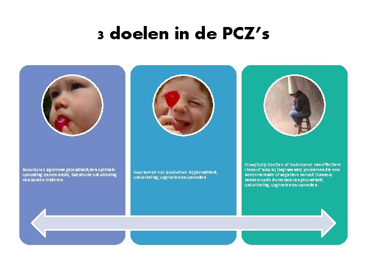 3 doelen in de PCZ’s Bevorderen algemene gezondheid, een optimale opvoeding en een brede,