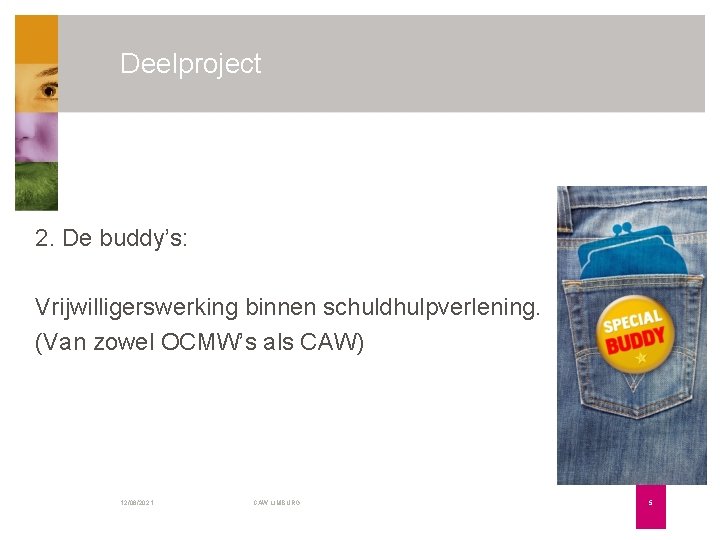 Deelproject 2. De buddy’s: Vrijwilligerswerking binnen schuldhulpverlening. (Van zowel OCMW’s als CAW) 12/06/2021 CAW