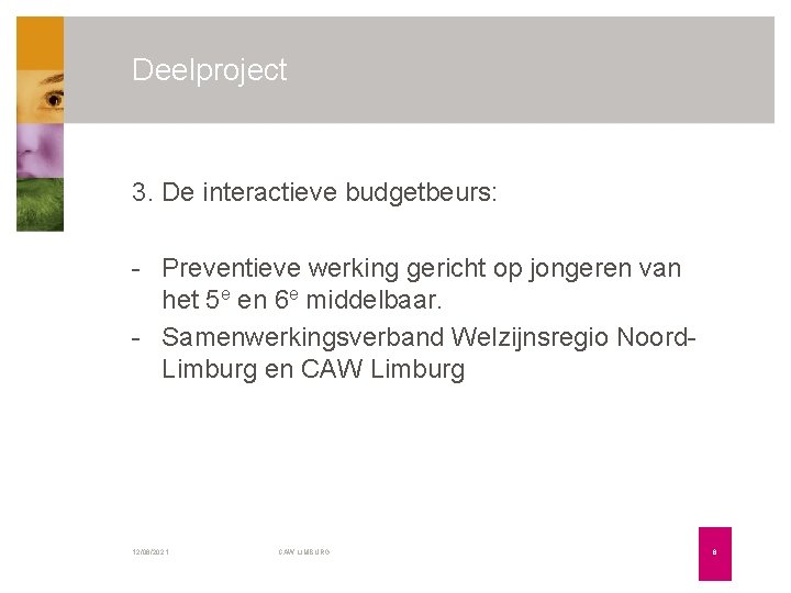 Deelproject 3. De interactieve budgetbeurs: - Preventieve werking gericht op jongeren van het 5