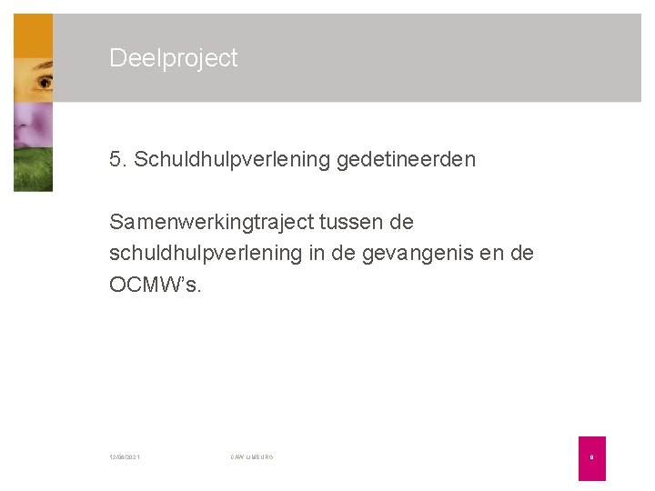 Deelproject 5. Schuldhulpverlening gedetineerden Samenwerkingtraject tussen de schuldhulpverlening in de gevangenis en de OCMW’s.