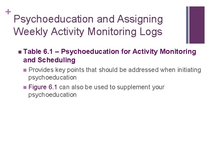 + Psychoeducation and Assigning Weekly Activity Monitoring Logs n Table 6. 1 – Psychoeducation