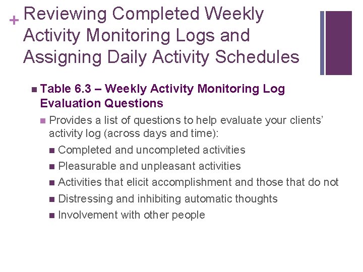 Reviewing Completed Weekly + Activity Monitoring Logs and Assigning Daily Activity Schedules n Table
