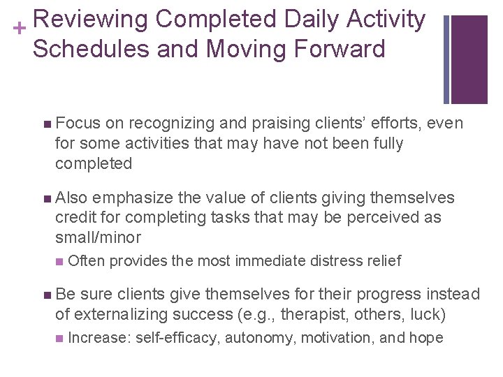 Reviewing Completed Daily Activity + Schedules and Moving Forward n Focus on recognizing and