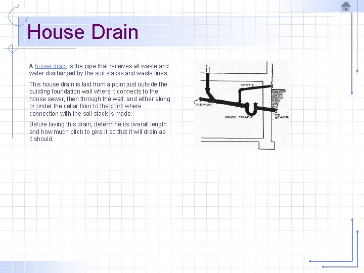 House Drain A house drain is the pipe that receives all waste and water
