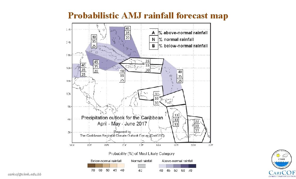 Probabilistic AMJ rainfall forecast map caricof@cimh. edu. bb 