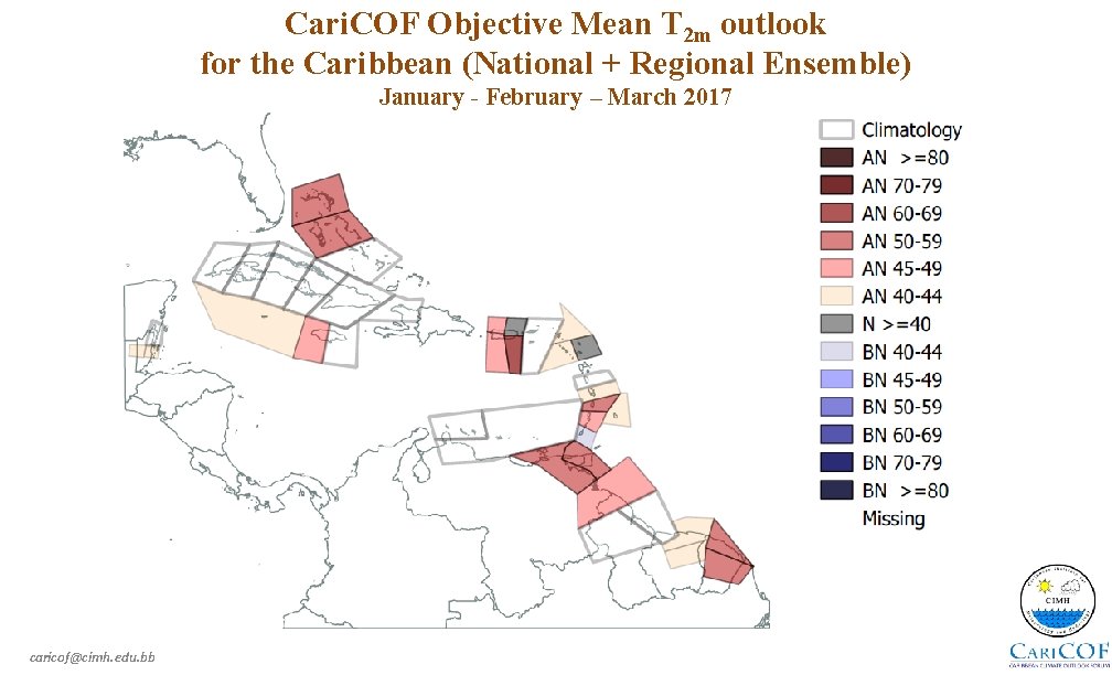 Cari. COF Objective Mean T 2 m outlook for the Caribbean (National + Regional