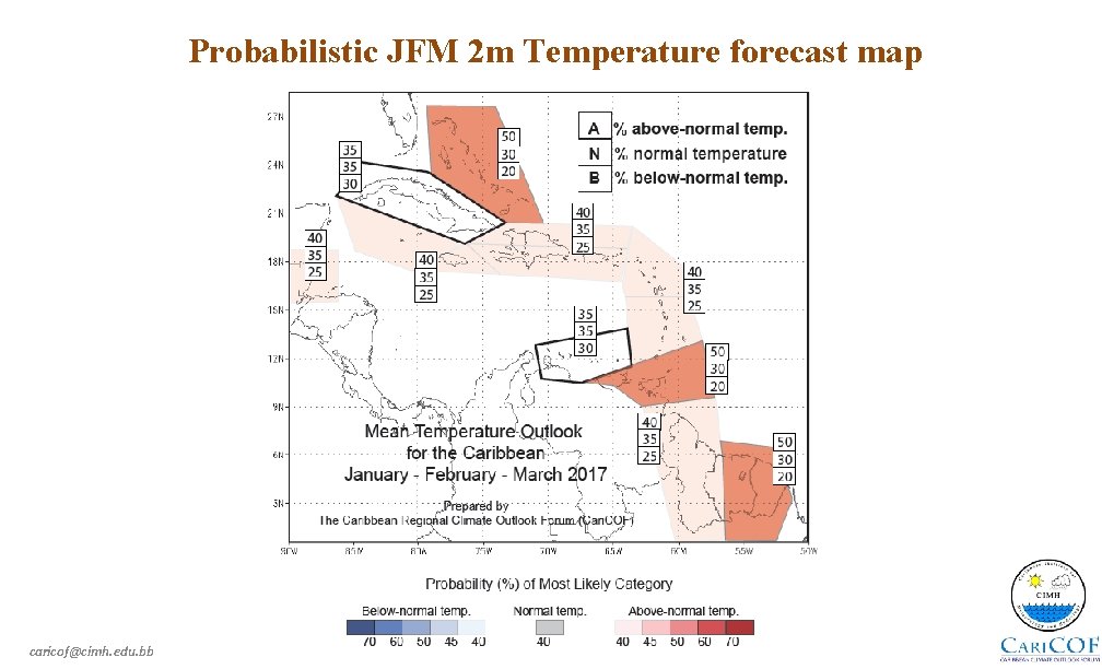 Probabilistic JFM 2 m Temperature forecast map caricof@cimh. edu. bb 