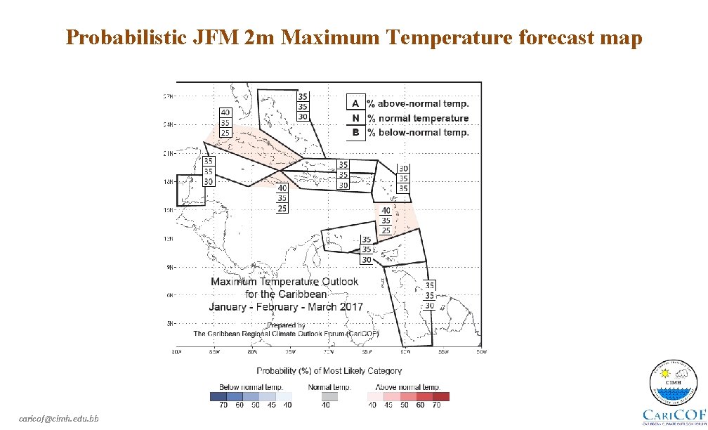 Probabilistic JFM 2 m Maximum Temperature forecast map caricof@cimh. edu. bb 