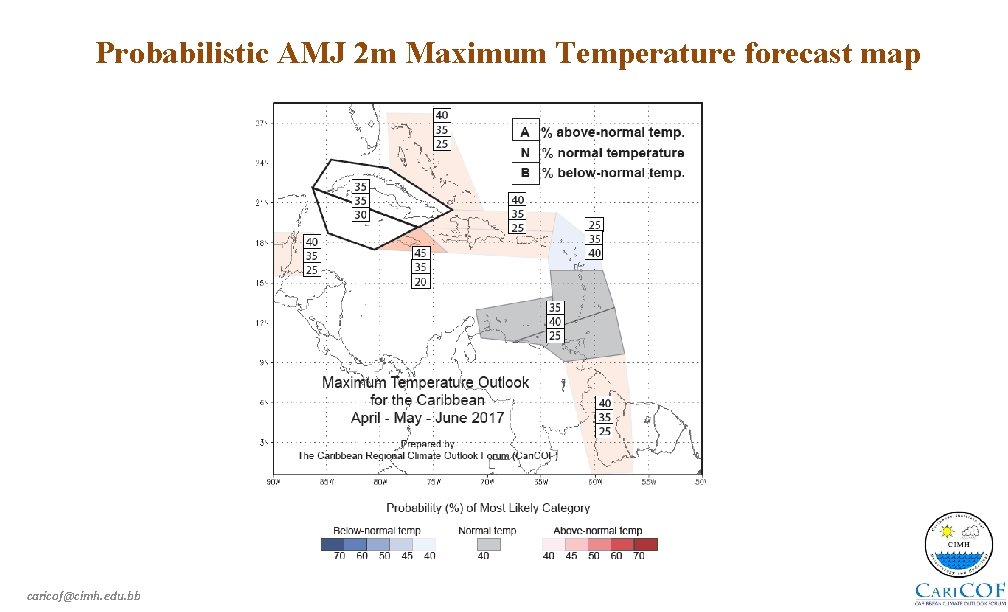 Probabilistic AMJ 2 m Maximum Temperature forecast map caricof@cimh. edu. bb 