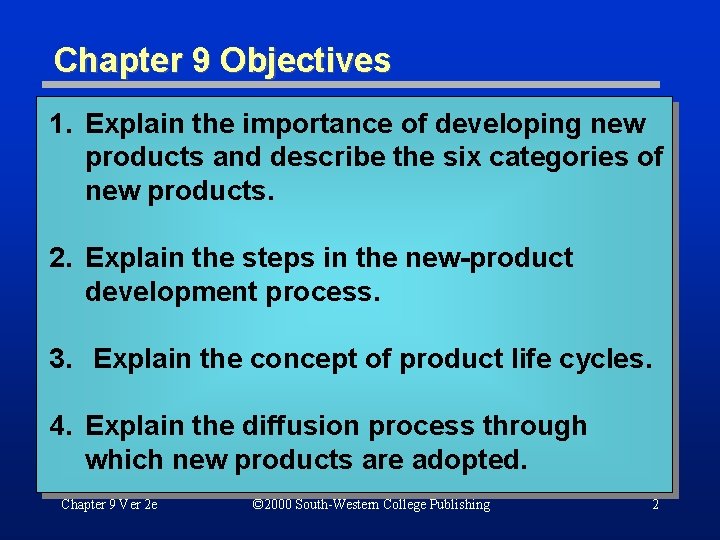 Chapter 9 Objectives 1. Explain the importance of developing new products and describe the