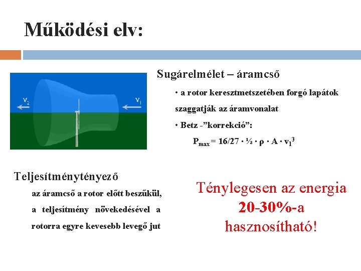 Működési elv: Sugárelmélet – áramcső • a rotor keresztmetszetében forgó lapátok szaggatják az áramvonalat Működési elv: Sugárelmélet – áramcső • a rotor keresztmetszetében forgó lapátok szaggatják az áramvonalat