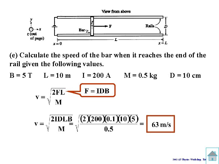 (e) Calculate the speed of the bar when it reaches the end of the
