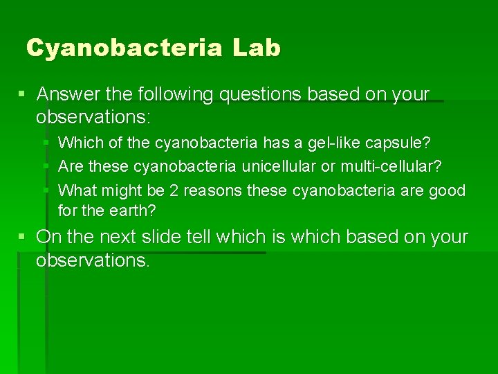Cyanobacteria Lab § Answer the following questions based on your observations: § Which of