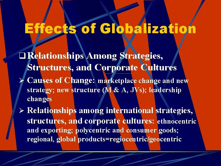 Effects of Globalization q Relationships Among Strategies, Structures, and Corporate Cultures Ø Causes of