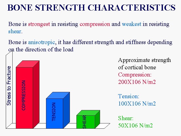 BONE STRENGTH CHARACTERISTICS Bone is strongest in resisting compression and weakest in resisting shear.