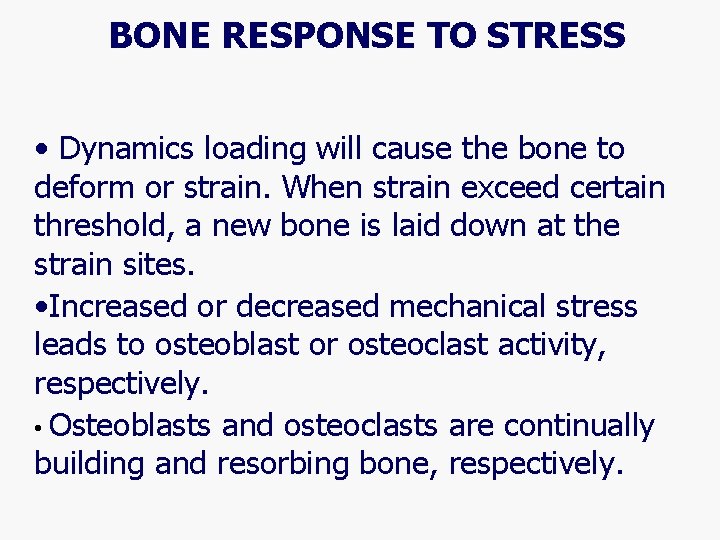BONE RESPONSE TO STRESS • Dynamics loading will cause the bone to deform or